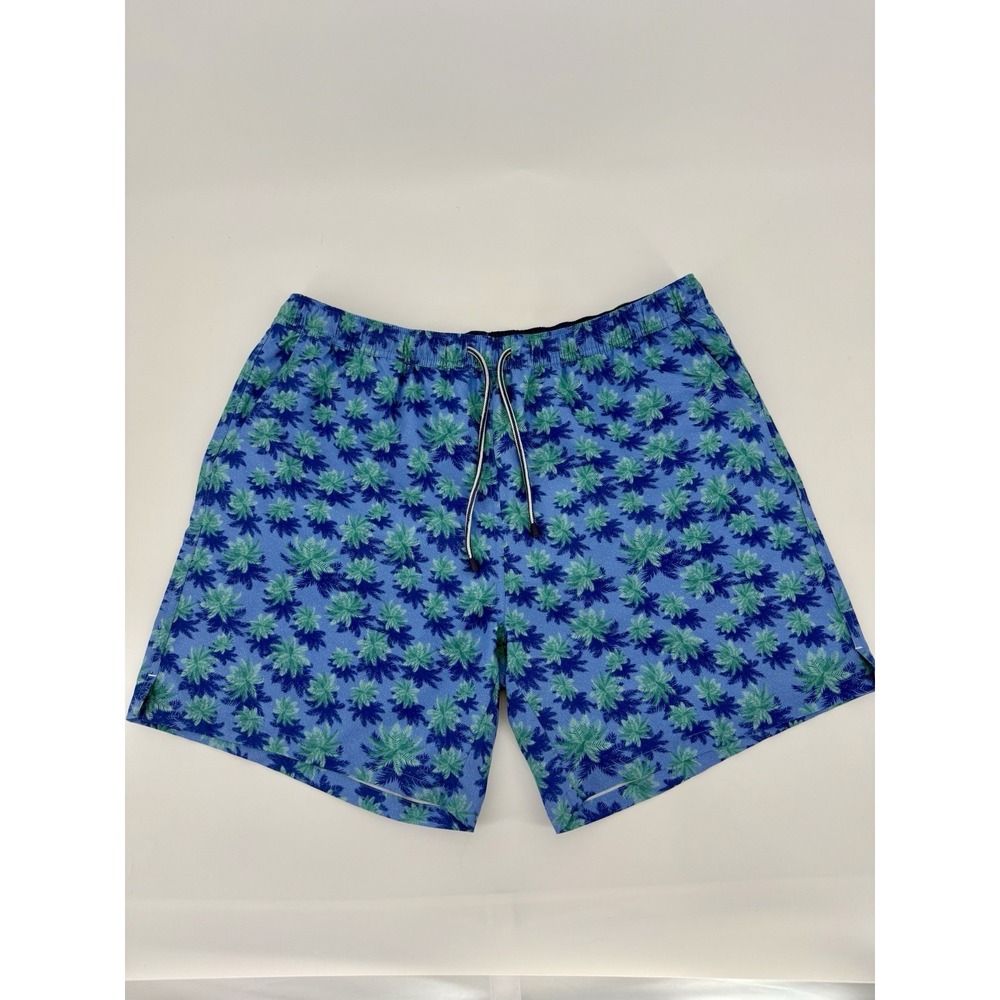 PETER MILLAR CROWN XL Swim Trunks‎ Logo Aerial Palms 7" Mesh Pocket Blue Shorts